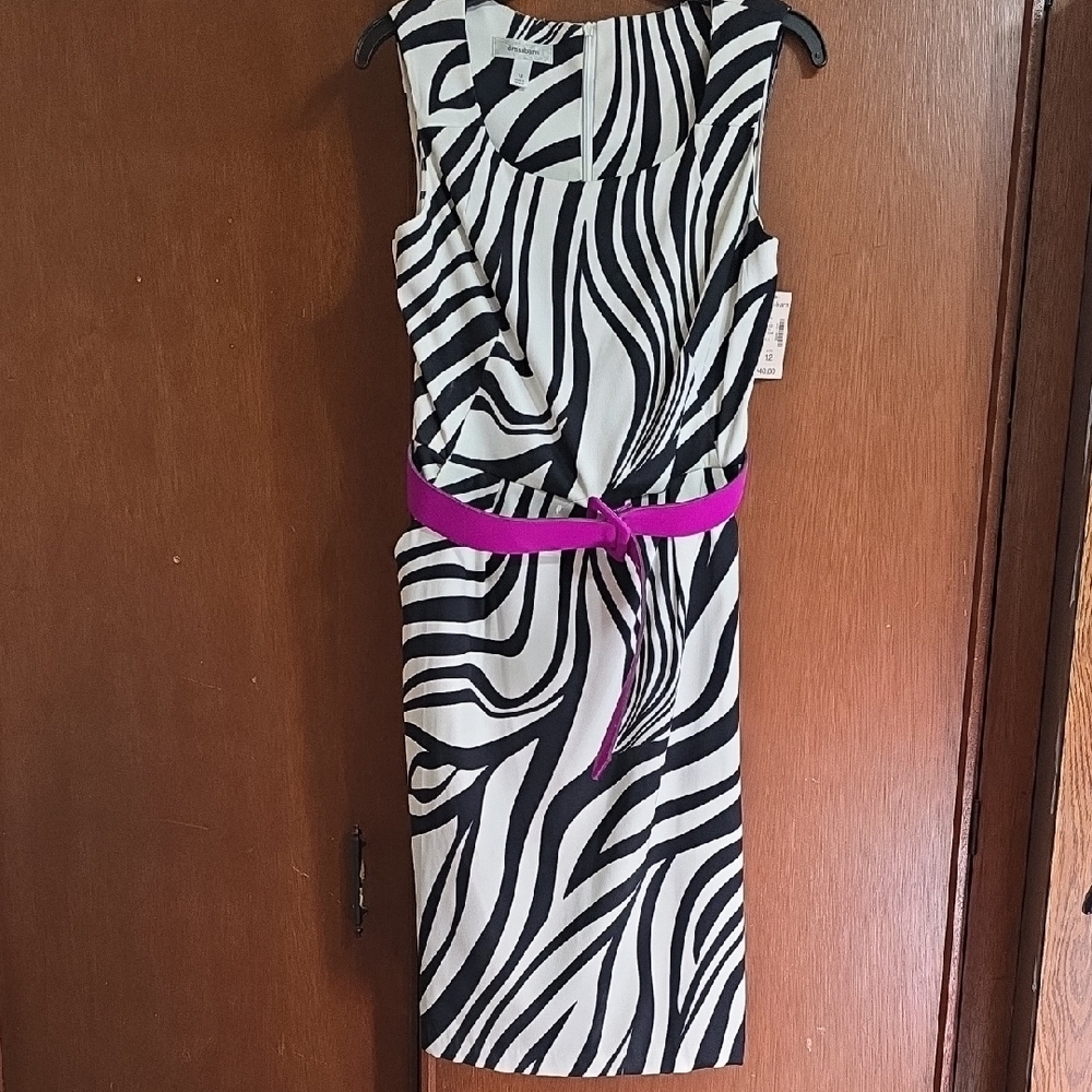 dressbarn Black and White Zebra Print Dress with Pink Belt